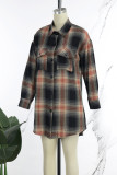 Yellow Brown Casual Plaid Print Patchwork Buckle Turndown Collar Tops