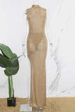 Robe longue à col roulé et fente transparente, couleur dorée, patchwork sexy, perçage à chaud (sous réserve de l'objet réel)