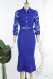 Royal Blue Casual Patchwork With Belt Turndown Collar Long Sleeve Dresses