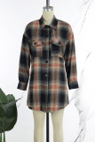 Yellow Brown Casual Plaid Print Patchwork Buckle Turndown Collar Tops