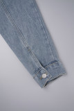 Blaue, lässige, solide Patchwork-Jeansjacke mit Umlegekragen und langen Ärmeln