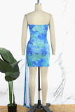 ブルーのセクシーなプリント パッチワーク バックレス ストラップレス ラップ スカート ドレス