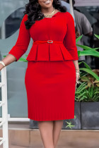Dobra de retalhos sólido elegante vermelho com cinto com zíper e decote em V vestidos de saia lápis (cinto incluído)