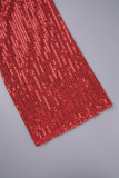 Rote, lässige, einfarbige Oberbekleidung mit Patchwork-Cardigan-Kragen und Pailletten