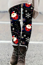 Calça Casual Preta Estampada Papai Noel Básica Skinny Cintura Alta Convencional Full Print
