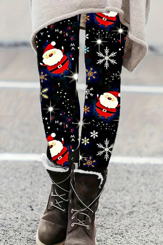 Schwarze, legere, bedruckte Weihnachtsmann-Basic-Hose mit hoher Taille und konventionellem Volldruck
