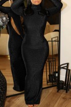 Svarta sexiga solida rygglösa klänningar med turtleneck långa klänningar