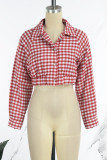 Red Casual Plaid Print Patchwork Turndown Collar Tops