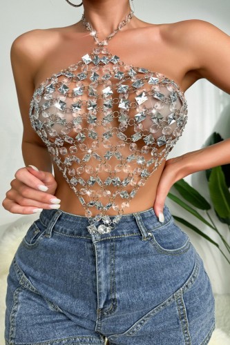 White Sexy Patchwork Hollowed Out See-through Backless Halter Tops