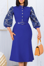 Königsblaues, lässiges Patchwork-Kleid mit Gürtel, Umlegekragen und langen Ärmeln