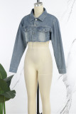 Blaue, lässige, solide Patchwork-Jeansjacke mit Umlegekragen und langen Ärmeln
