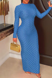 Blauwe sexy casual effen kleur halve col lange jurk