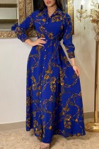 Blauwe casual print Basic kraag met lange jurk Jurken
