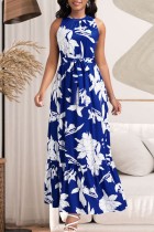 ブルー カジュアル プリント 小帯 O ネック ロング ドレス ドレス