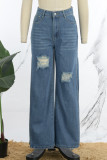 Mittelblaue, lässige, einfarbige, zerrissene, geschlitzte, normale Denim-Jeans mit hoher Taille