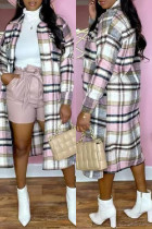 Pink Casual Plaid Print Cardigan Shirt Collar Outerwear (Subject To The Actual Object)