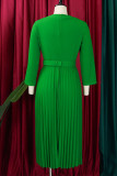Piega patchwork solida elegante verde con cintura con scollo a V abiti a linea