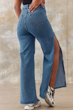 Jeans médio azul casual sólido rasgado com fenda cintura alta regular