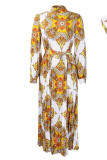 Amarelo casual elegante estampado patchwork dobrado com cinto meia gola alta vestidos retos