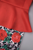 Vestido vermelho elegante estampado patchwork apliques broca quente assimétrico colarinho estampado vestidos (sem cinto)