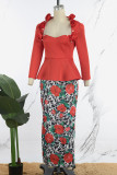 Vestido vermelho elegante estampado patchwork apliques broca quente assimétrico colarinho estampado vestidos (sem cinto)