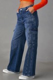 Blauwe casual effen patchwork rechte spijkerbroek met hoge taille