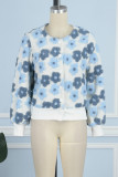 Blaue Oberbekleidung mit O-Ausschnitt und Blumen-Patchwork-Schnallenapplikationen