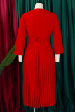 Dobra sólida elegante vermelha de retalhos com cinto V Neck A Line Vestidos