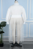 ホワイトカジュアルソリッドパッチワーク小帯ターンダウンカラーシャツドレスプラスサイズドレス