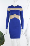 Blue Sexy Casual Solid Patchwork See-through O Neck Long Sleeve Dresses