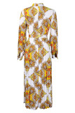 Piega patchwork con stampa elegante casual gialla con cintura mezzo dolcevita abiti dritti