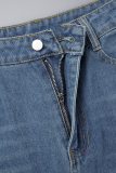 Middelblauwe, casual, effen, gescheurde, normale denim jeans met split en hoge taille