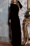 Robe longue noire décontractée, couleur unie, dos nu, fente, col rond