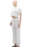 White Elegant Solid Patchwork Buckle O Neck Short Sleeve Two Pieces