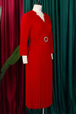 Piega patchwork solida elegante rossa con abiti a trapezio con scollo a V e cintura