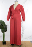 Red Casual Solid Patchwork V Neck Plus Size Jumpsuits