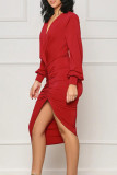 Röd Sexig Solid Patchwork hög öppning Vik V-hals långärmade klänningar