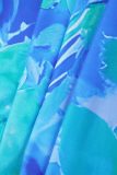 Blauwe sexy print patchwork rugloze strapless wikkelrokjurken