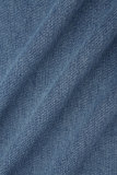 Jeans médio azul casual sólido rasgado com fenda cintura alta regular