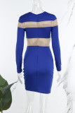 Blue Sexy Casual Solid Patchwork See-through O Neck Long Sleeve Dresses