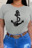 Marineblaue, lässige Street-Print-Patchwork-T-Shirts mit O-Ausschnitt