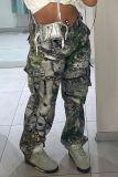 Armeegrüne Street-Print-Patchwork-Taschenknöpfe mit Reißverschluss, lockere, niedrige Taille, weites Bein, voll bedruckte Hose