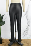 Black Casual Solid Basic Skinny High Waist Pencil Solid Color Trousers