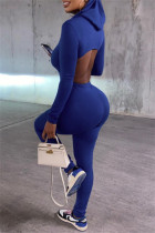 Blue Casual Solid Backless Hooded Collar Skinny Jumpsuits