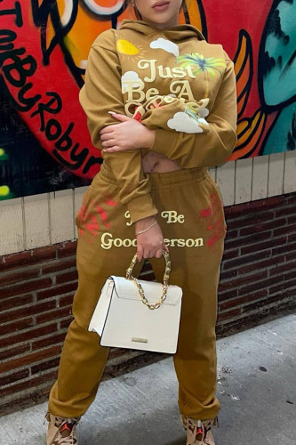 Brownness Sportwear Casual Letter Print Hooded Collar Long Sleeve Sweatshirt And Draw String Pants Two Pieces Sweatsuit Sets