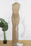 Robe longue à col roulé et fente transparente, couleur dorée, patchwork sexy, perçage à chaud (sous réserve de l'objet réel)