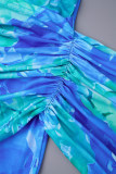 Синие сексуальные лоскутные платья с принтом и открытой спиной без бретелек с запахом и юбкой