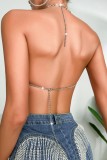 White Sexy Patchwork Hollowed Out See-through Backless Halter Tops