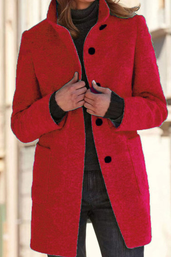 Rojo Casual Sólido Cárdigan Cuello Mandarín Prendas de abrigo