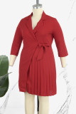 Red Casual Solid Frenulum V Neck A Line Plus Size Dresses